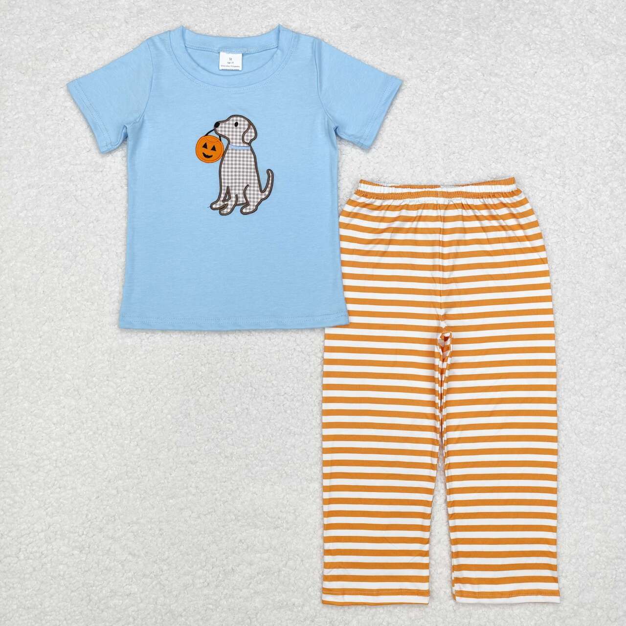 BSPO0391 Dog Pumpkin Embroidery Blue Top Stripes Pants Boys Halloween Clothes Set