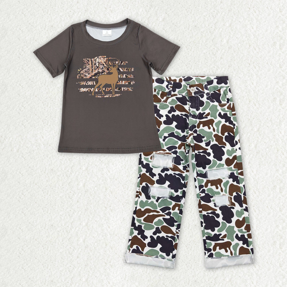 BSPO0395 Deer Top Green Camo Denim Hole Jeans Boys Clothes Set