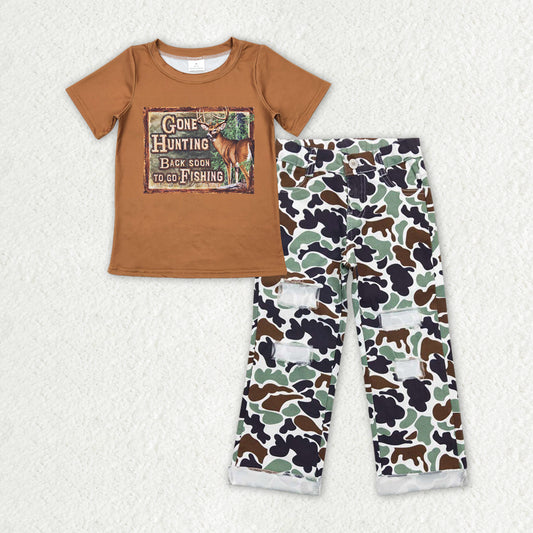 BSPO0396 Gone Hunting Deer Top Green Camo Denim Hole Jeans Boys Clothes Set