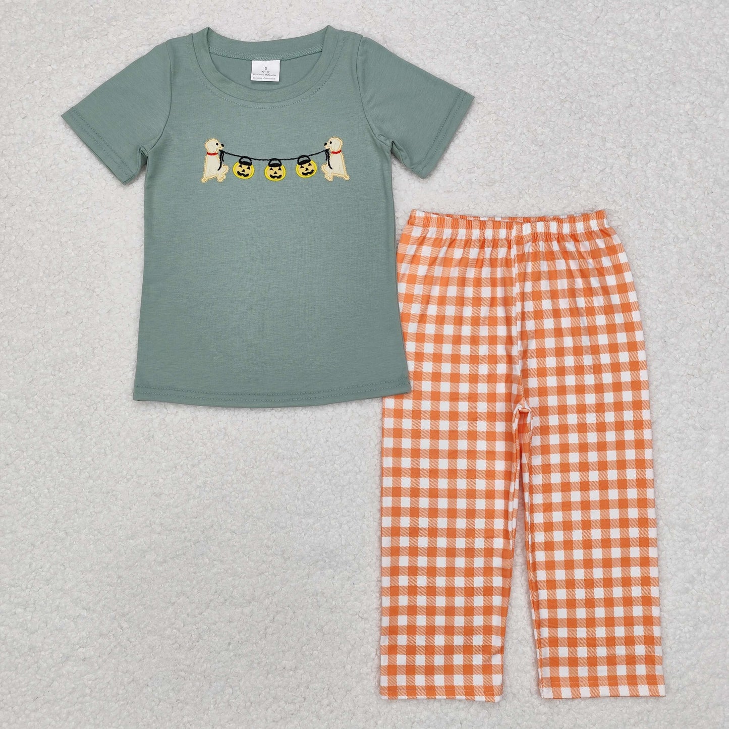 BSPO0405 Dog Pumpkin Embroidery Top Plaid Pants Boys Halloween Clothes Set