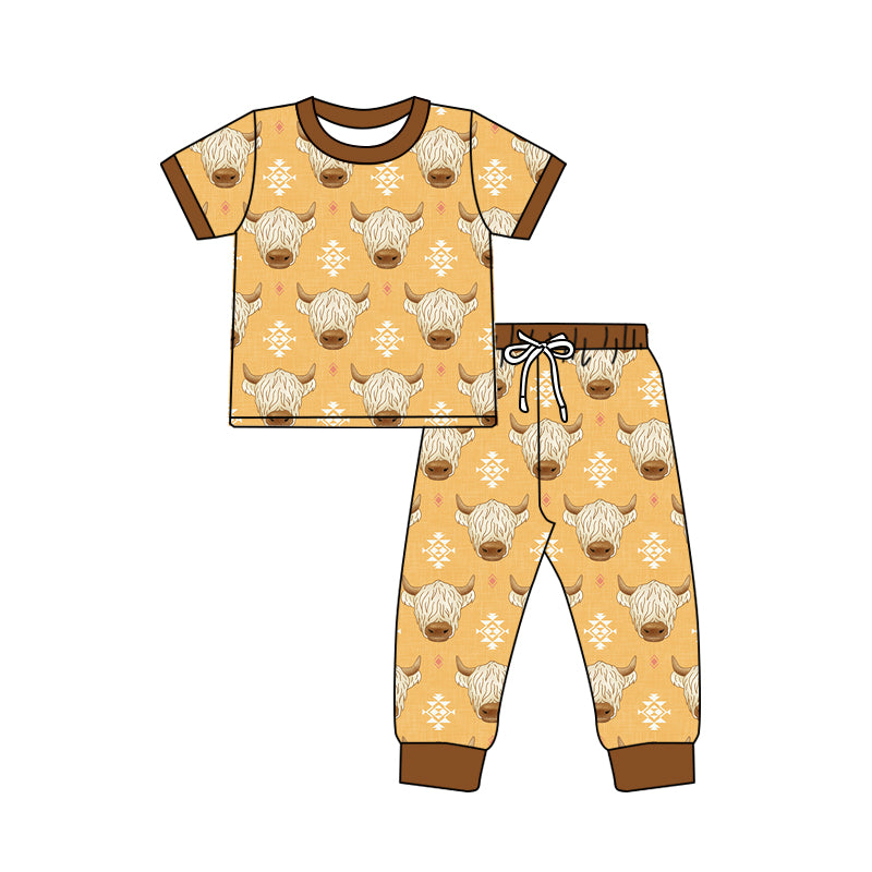 (Pre-order)BSPO0407 Highland Cow Aztec Print Boys Western Pajamas Clothes Set