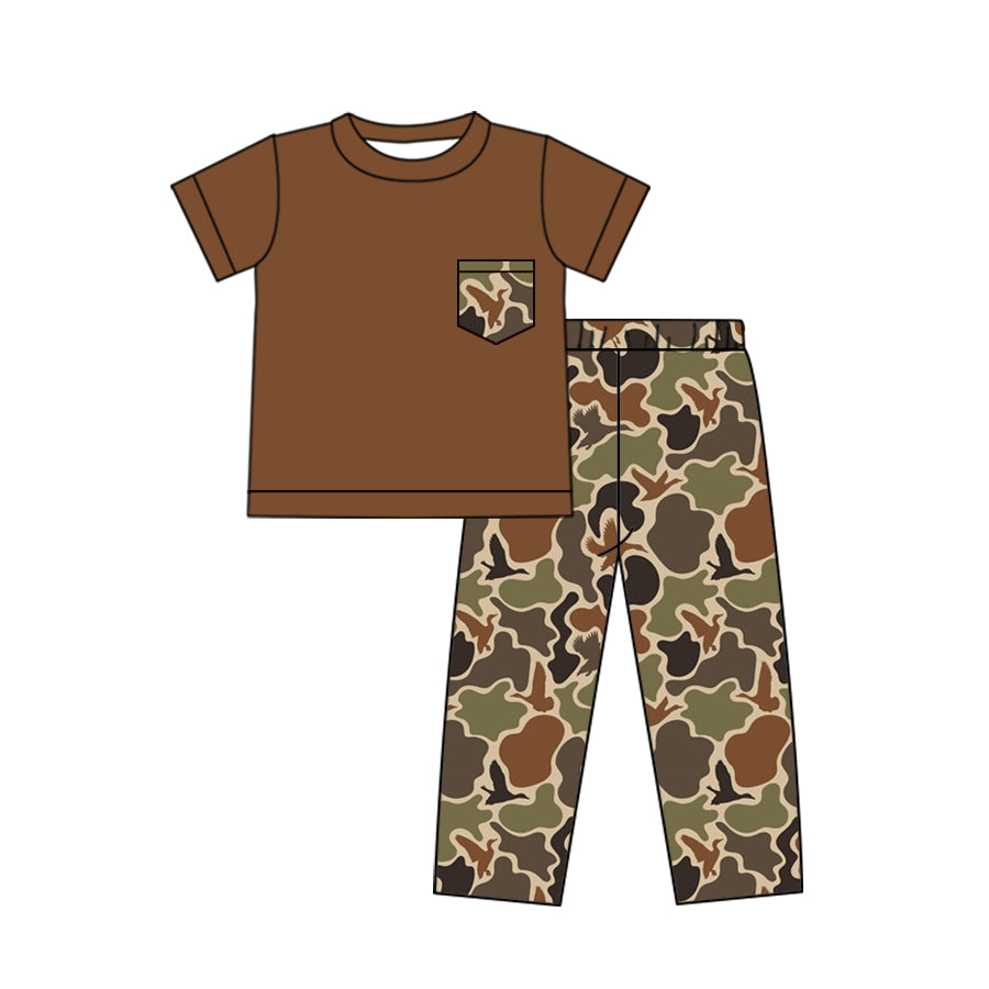 (Pre-order)BSPO0411 Brown Pocket Top Camo Pants Boys Hunting Clothes Set