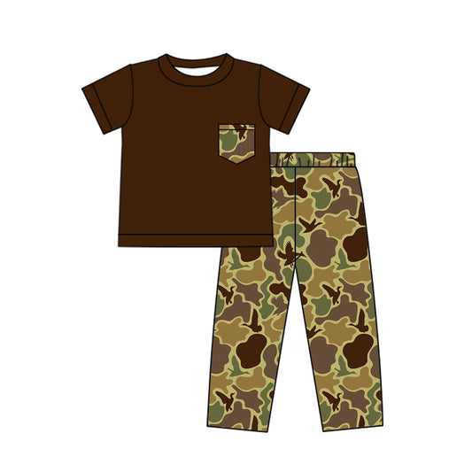 (Pre-order)BSPO0412 Dark Brown Pocket Top Camo Pants Boys Hunting Clothes Set