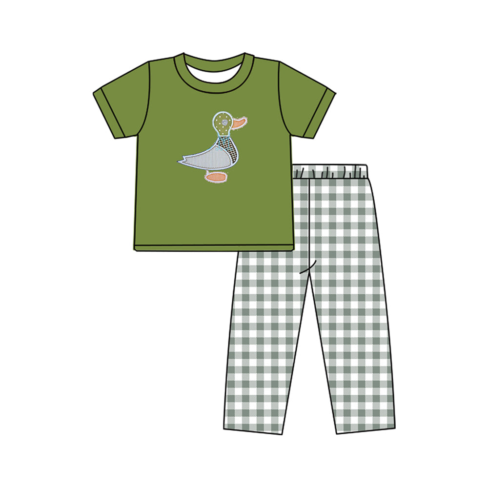 (Pre-order)BSPO0420 Duck Green Top Plaid Pants Boys Clothes Set