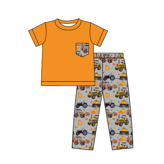 (Pre-order)BSPO0421 Orange Pocket Top Tractor Pumpkin Pants Boys Fall Clothes Set