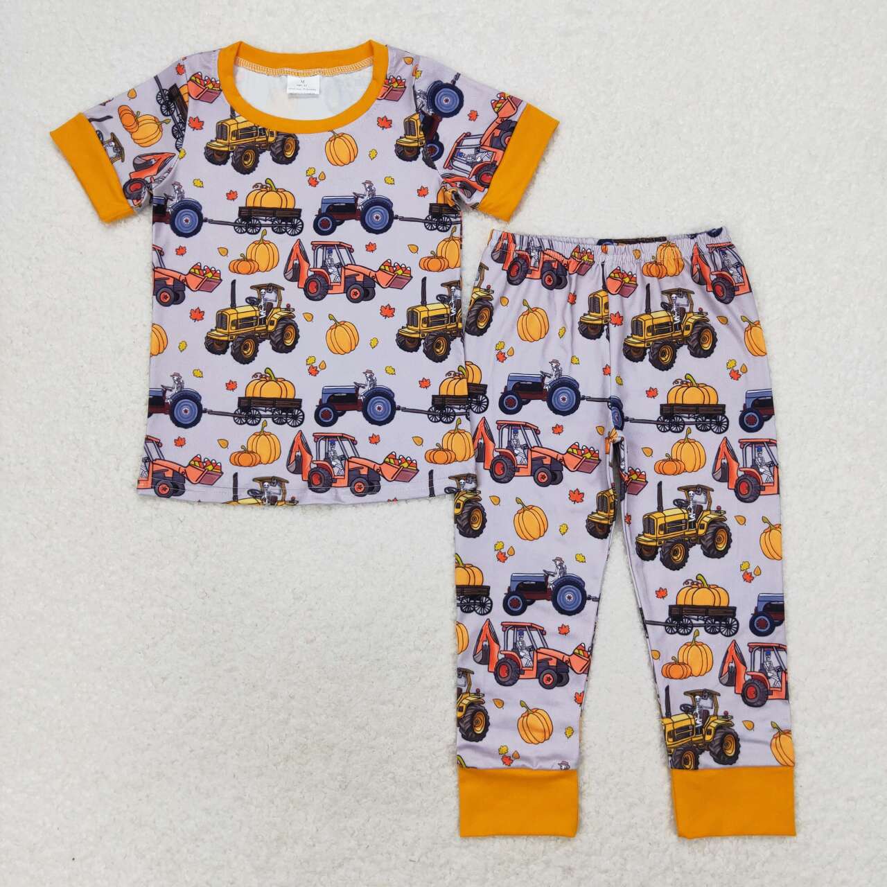 BSPO0422 Tractor Pumpkin Print Boys Fall Pajamas Clothes Set