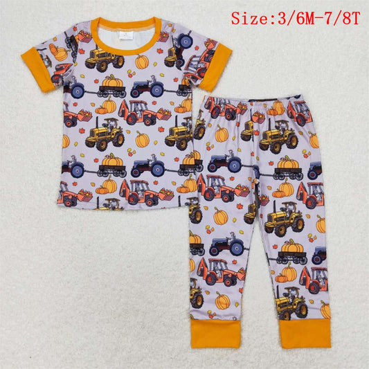 BSPO0422 Tractor Pumpkin Print Boys Fall Pajamas Clothes Set