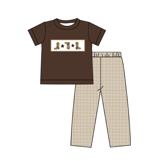 (Pre-order)BSPO0424 Boots Brown Top Plaid Pants Boys Western Clothes Set