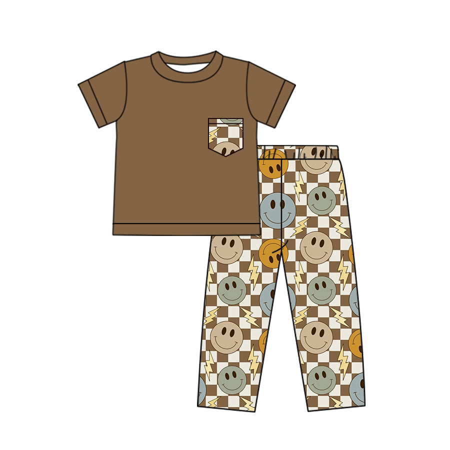 (Pre-order)BSPO0425 Brown Pocket Top Smiling Face Plaid Flash Pants Boys Fall Clothes Set