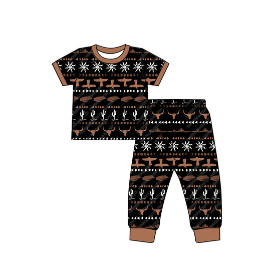 (Pre-order)BSPO0432 Brown Aztec Print Boys Western Pajamas Clothes Set