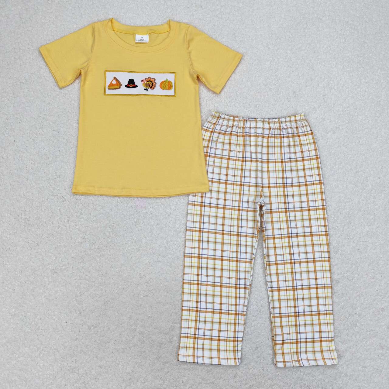 BSPO0433 Thanksgiving Turkey Embroidery Yellow Top Plaid Pants Boys Fall Clothes Set