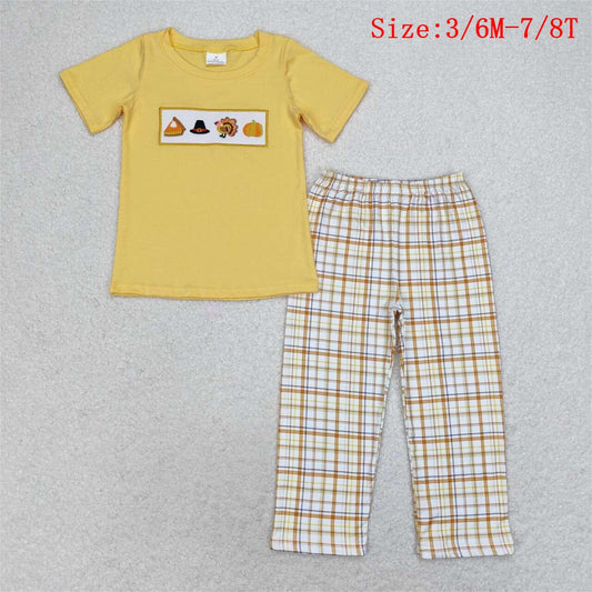 BSPO0433 Thanksgiving Turkey Embroidery Yellow Top Plaid Pants Boys Fall Clothes Set