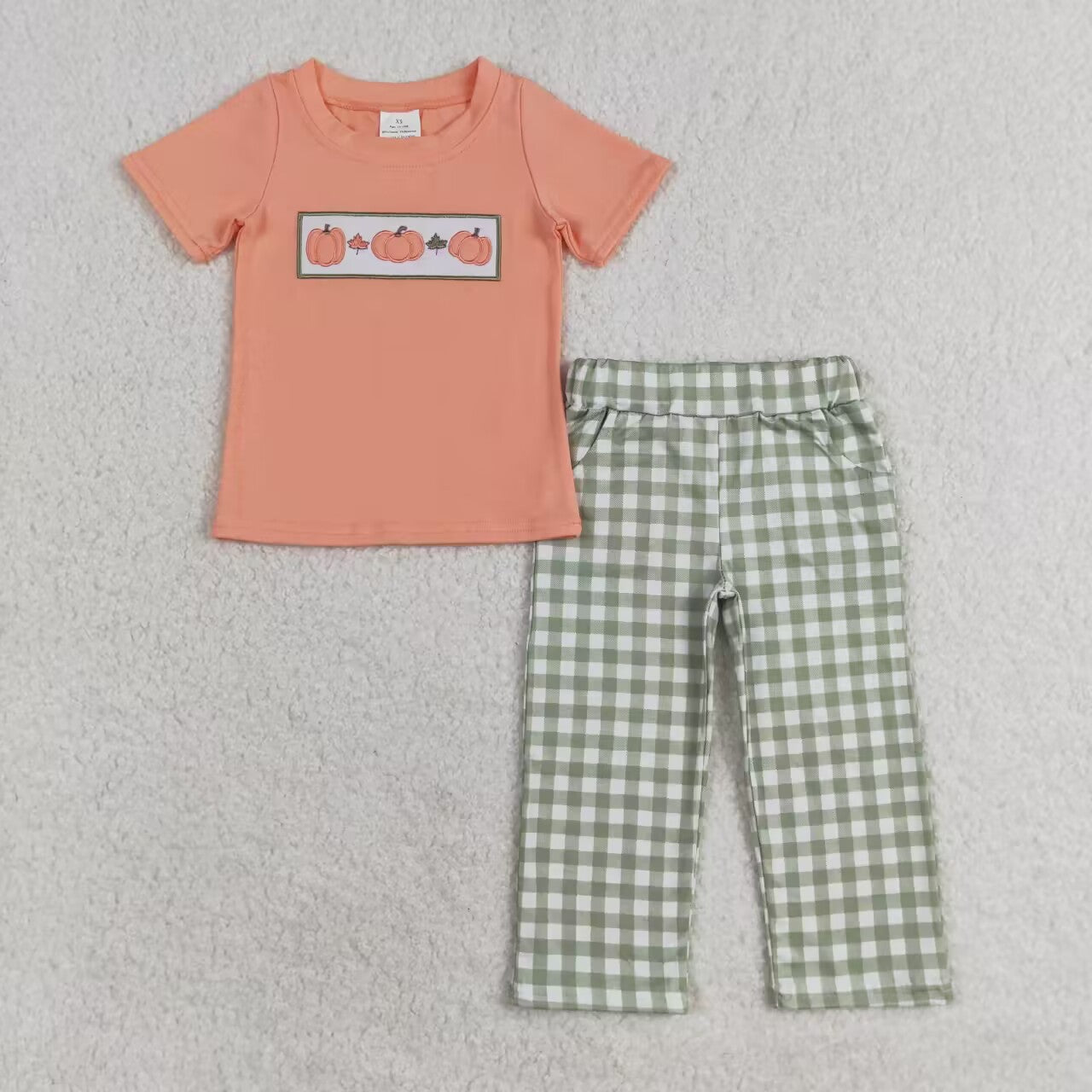 BSPO0451 Pumpkin Embroidery Top Plaid Pants Boys Fall Clothes Set
