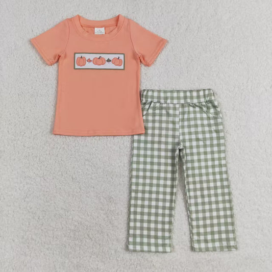 BSPO0451 Pumpkin Embroidery Top Plaid Pants Boys Fall Clothes Set
