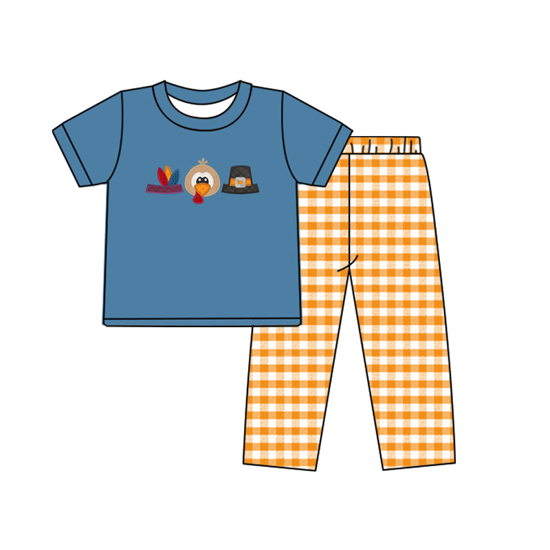 (Pre-order)BSPO0453 Turkey Blue Top Plaid Pants Boys Thanksgiving Clothes Set