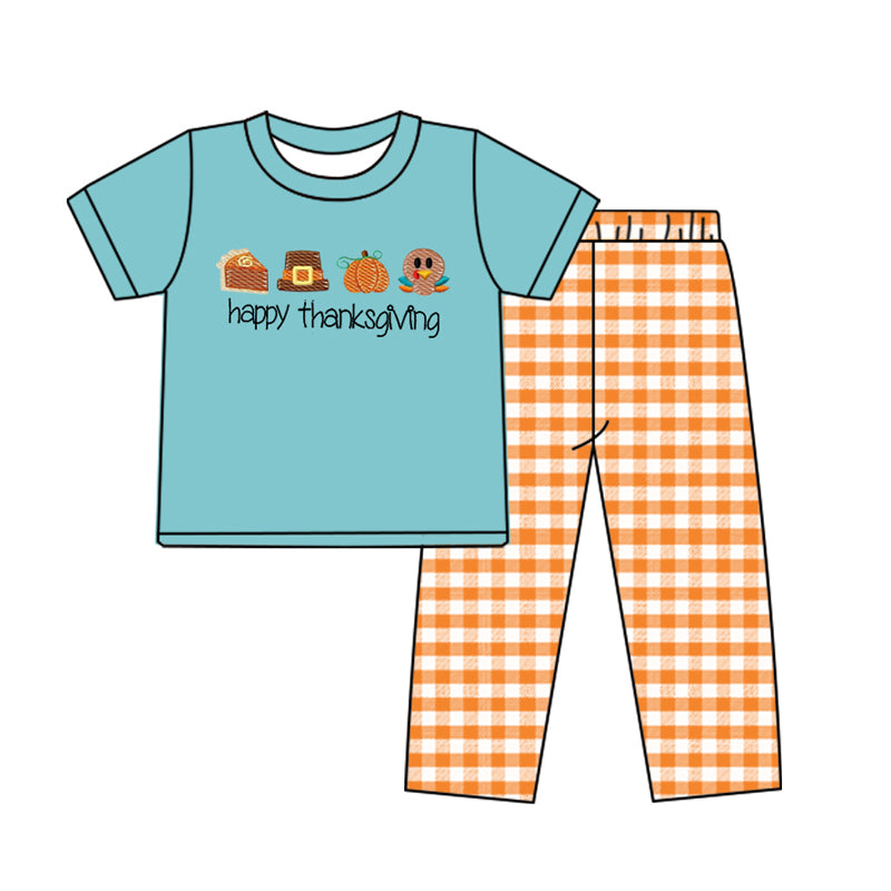 (Pre-order)BSPO0454 Turkey Pumpkin Top Plaid Pants Boys Thanksgiving Clothes Set