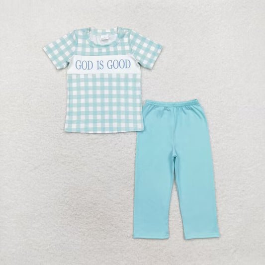 BSPO0463 GOD IS GOOD Plaid Top Blue Pants Boys Clothes Set