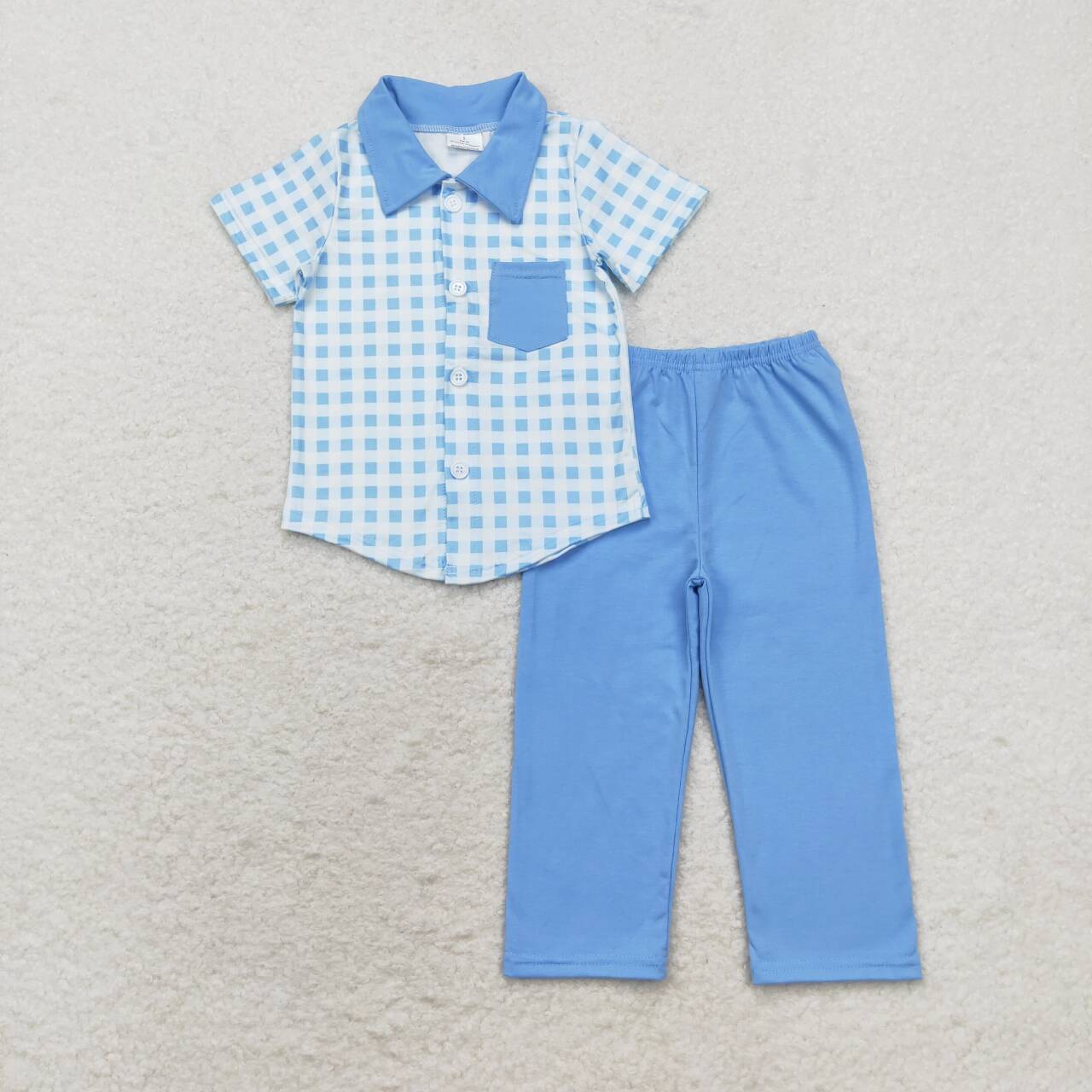 BSPO0466 Plaid Pocket Top Blue Pants Boys Clothes Set