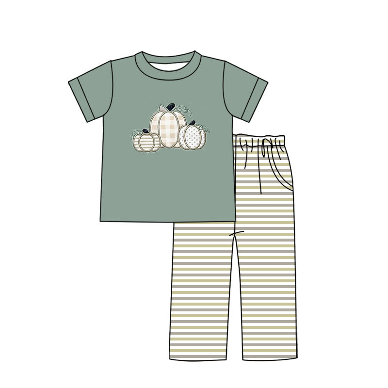 (Pre-order)BSPO0467 Pumpkin Top Stripes Pants Boys Fall Clothes Set