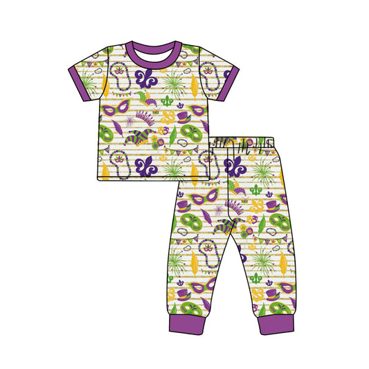 (Pre-order)BSPO0474 Mask Purple Print Kids Mardi Gras Pajamas Clothes Set