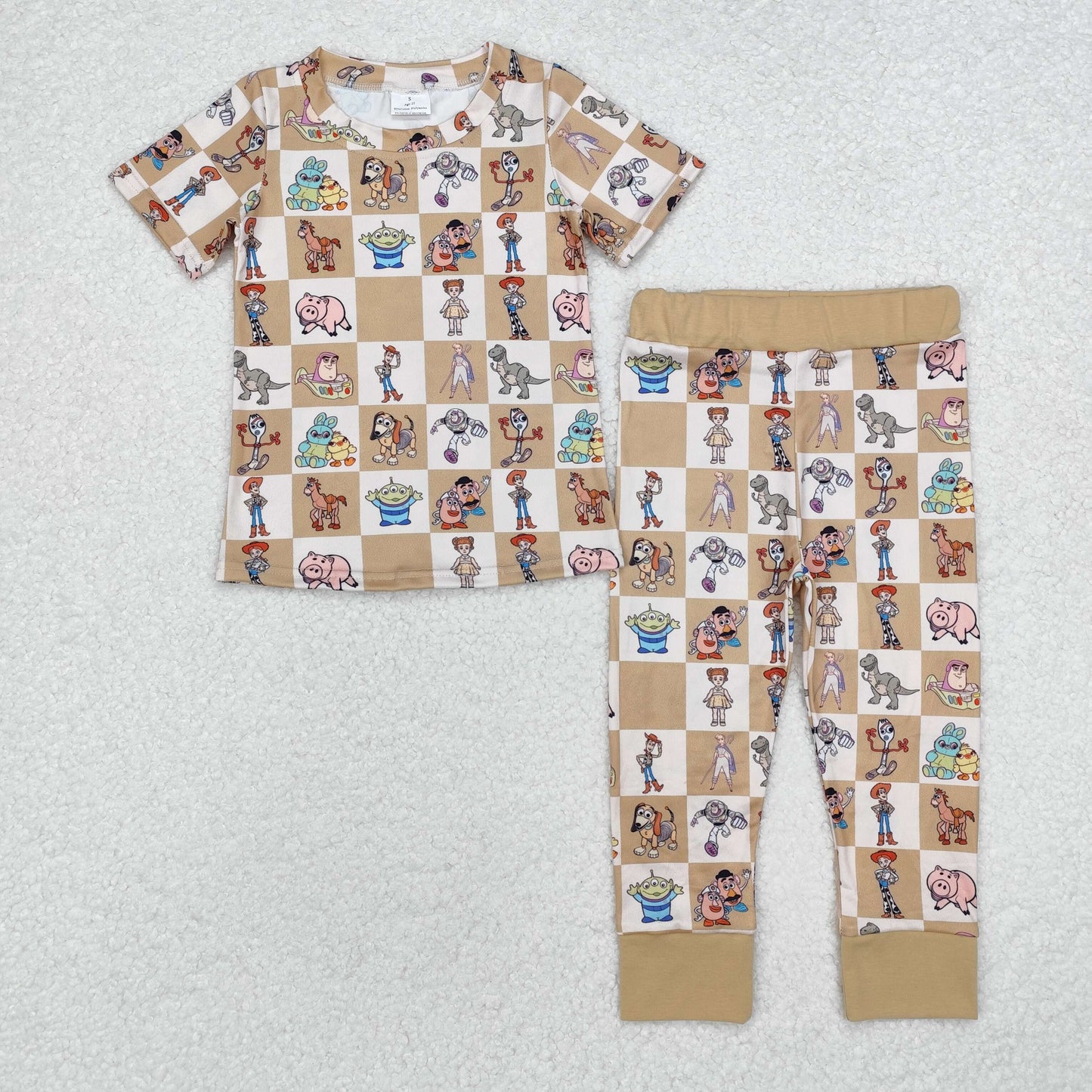 BSPO0477 Cartoon Toys Plaid Print Kids Bamboo Pajamas Clothes Set