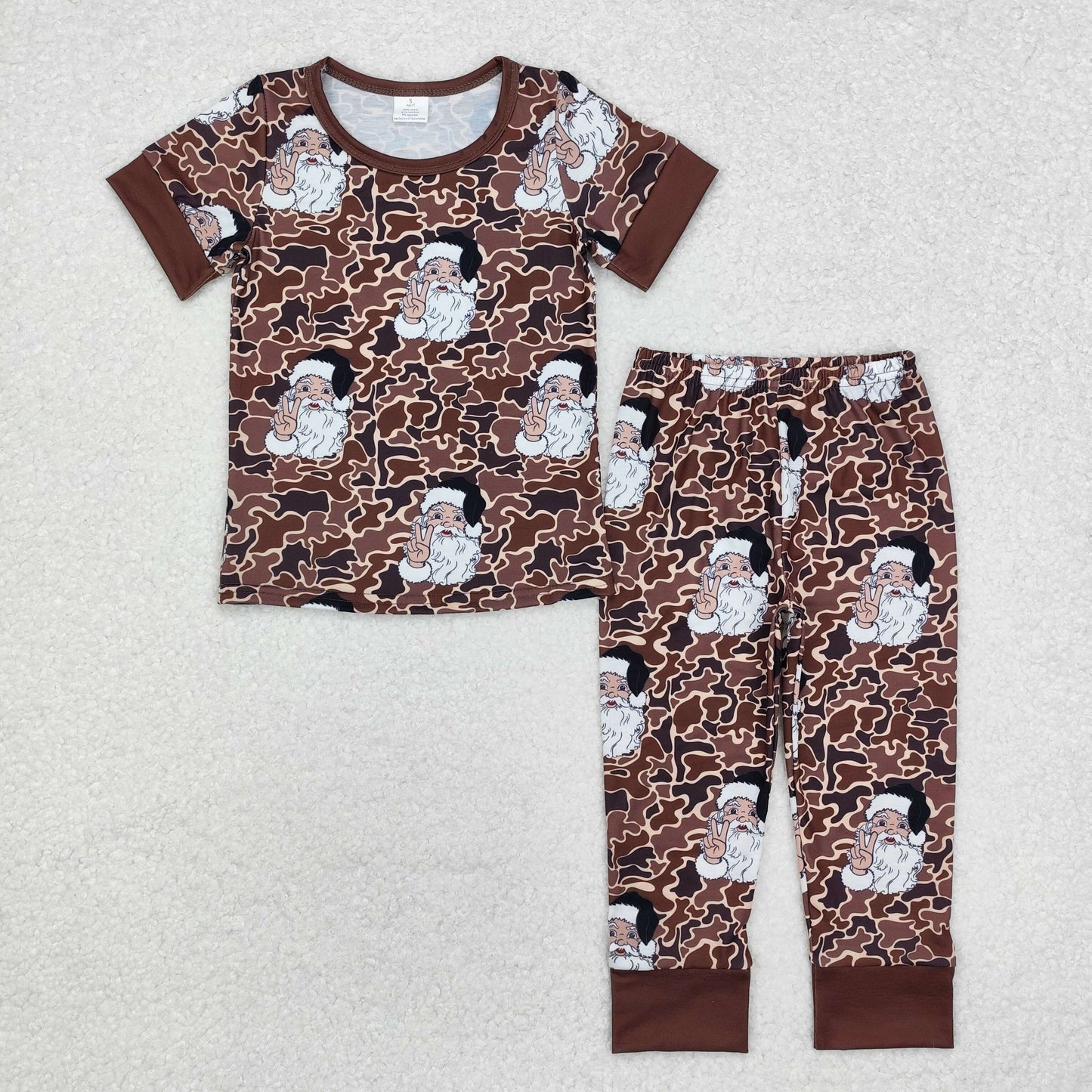 BSPO0480 Santa Dark Brown Camo Print Kids Christmas Bamboo Pajamas Clothes Set