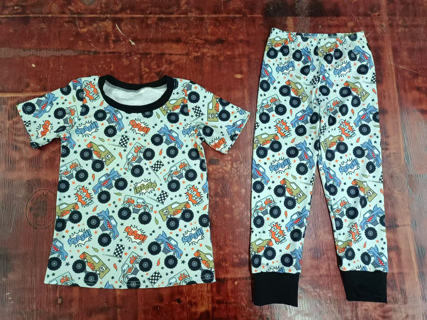 (Custom Design Preorder MOQ 3) Monster Trucks Print Boys Pajamas Clothes Set