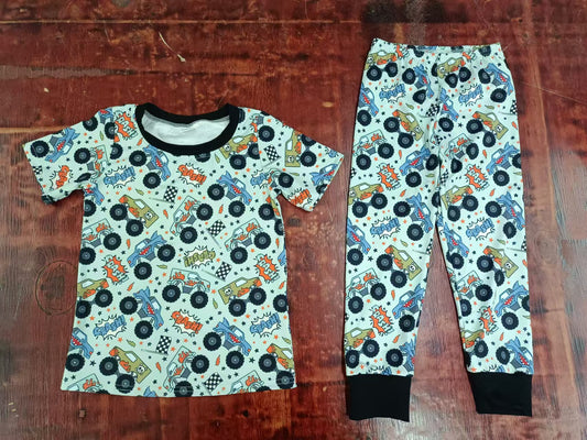 (Custom Design Preorder MOQ 3) Monster Trucks Print Boys Pajamas Clothes Set