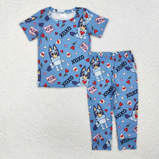 BSPO0489 Cartoon Dog Hearts XXOO Print Boys Valentine's Day Pajamas Clothes Set