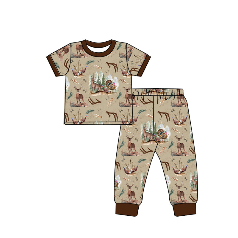 (Pre-order)BSPO0494 Deer Turkey Duck Hunting Print Boys Pajamas Clothes Set