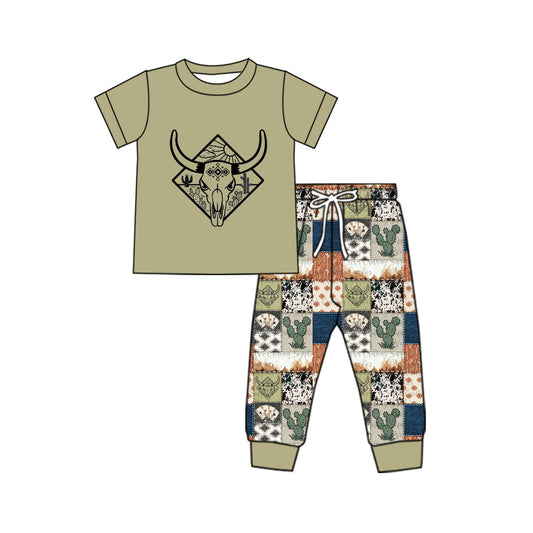 (Pre-order)BSPO0497 Cow Skull Green Print Boys Western Clothes Set