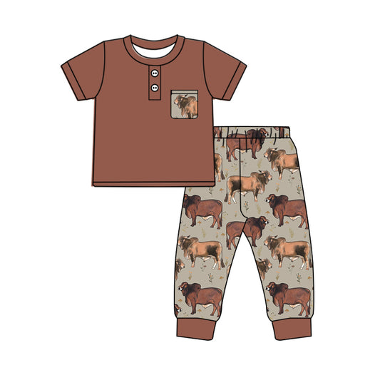 (Pre-order)BSPO0500 Brown Pocket Top Highland Cow Pants Boys Clothes Set