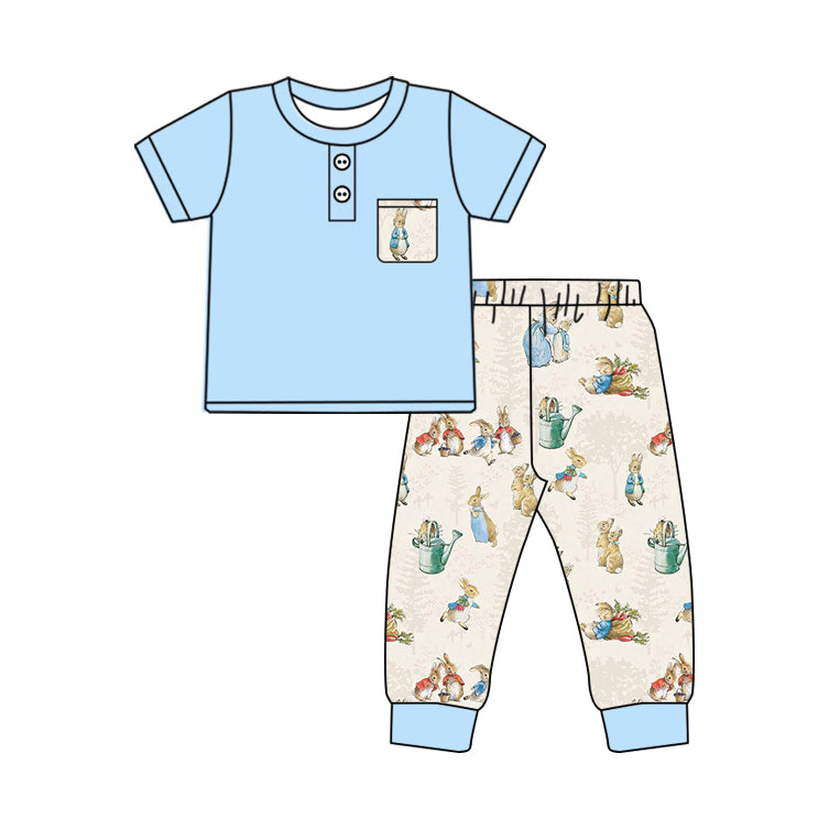 (Pre-order)BSPO0501 Blue Pocket Top Cartoon Bunny Pants Boys Easter Clothes Set