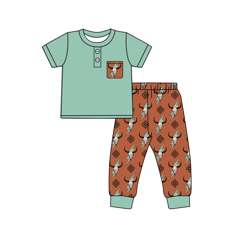 (Pre-order)BSPO0502 Green Pocket Top Cow Skull Aztec Pants Boys Clothes Set
