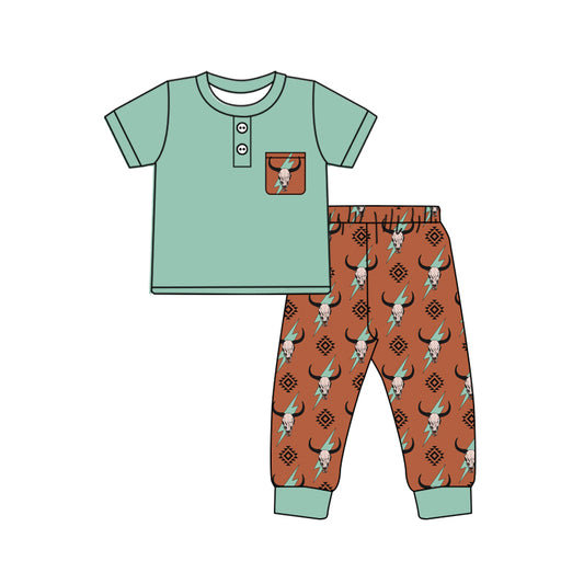 (Pre-order)BSPO0502 Green Pocket Top Cow Skull Aztec Pants Boys Clothes Set
