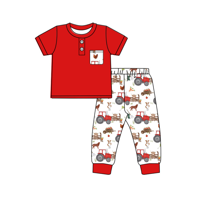 (Pre-order)BSPO0505 Red Pocket Top Tractor Farm Pants Boys Clothes Set
