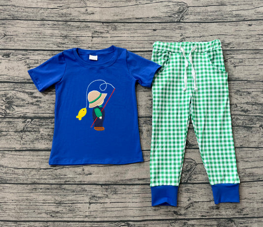 (Pre-order)BSPO0506  Fishing Blue Top Plaid Pants Boys Clothes Set