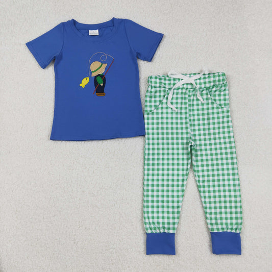 BSPO0506  Fishing Embroidery Blue Top Plaid Pants Boys Clothes Set