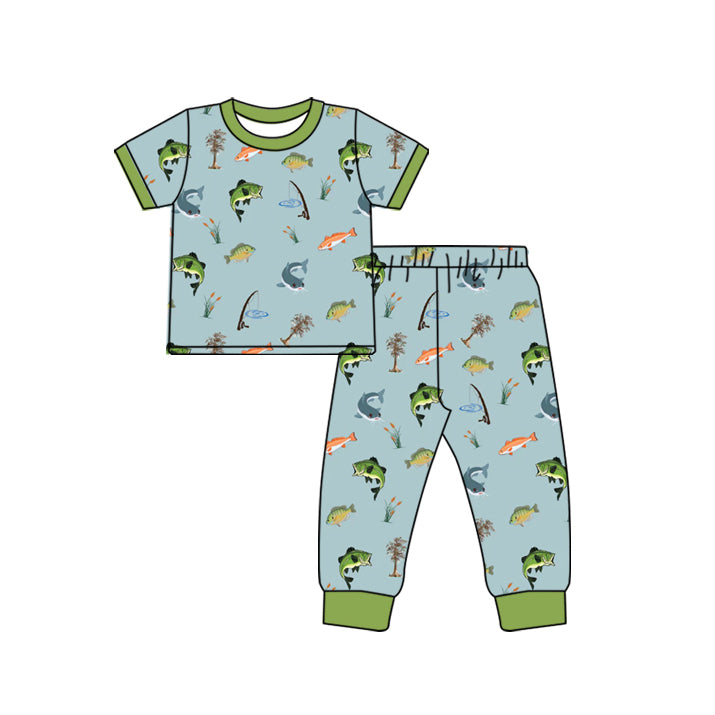 (Pre-order)BSPO0509 Fishing Green Print Boys Pajamas Clothes Set
