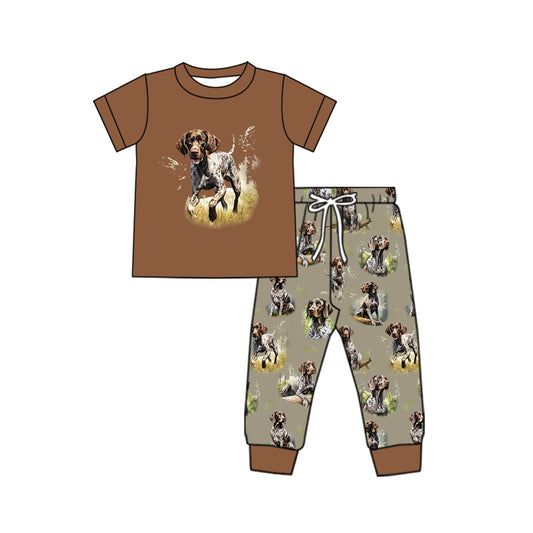 (Pre-order)BSPO0513 Dog Brown Top Hunting Pants Boys Clothes Set