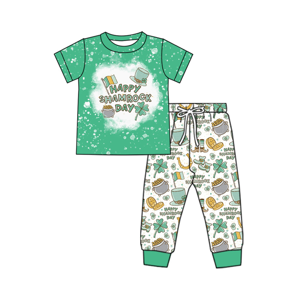 (Pre-order)BSPO0515 Gold Hat Green Print Pants Boys St. Patrick's Day Clothes Set