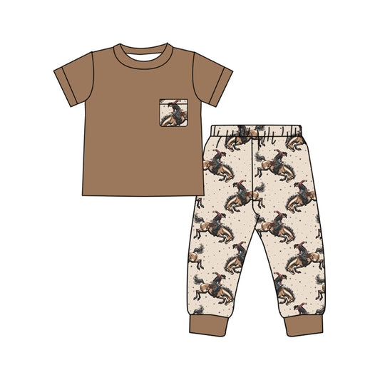 (Pre-order)BSPO0518 Brown Pocket Top Rodeo Pants Boys Western Clothes Set