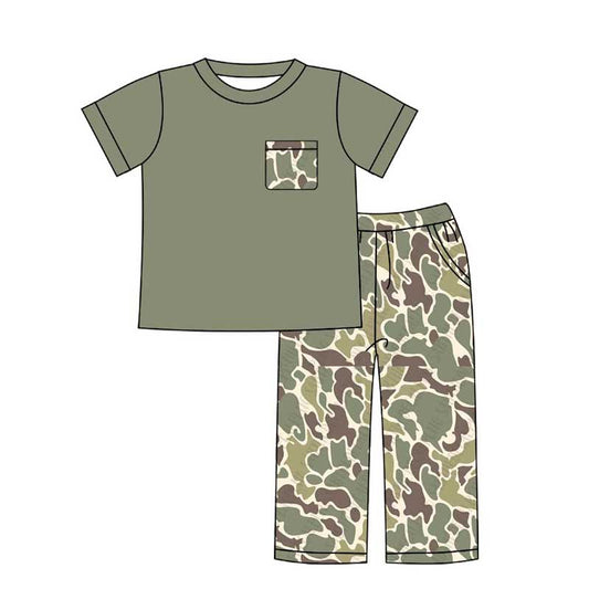 (Pre-order)BSPO0521 Green Pockets Top Camo Pants Boys Hunting Clothes Set