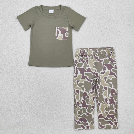 BSPO0521 Green Pockets Top Camo Pants Boys Hunting Clothes Set