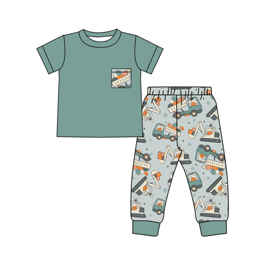 (Pre-order)BSPO0522 Green Pockets Top Eggs Bunny Construction Trucks Pants Boys Easter Clothes Set