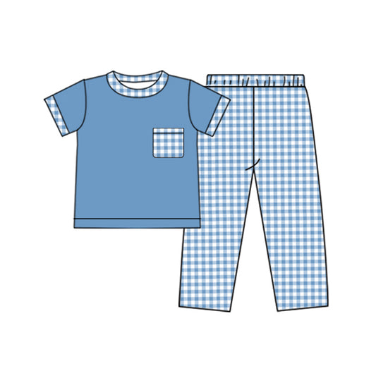 (Pre-order)BSPO0523 Blue Pocket Top Plaid Pants Boys Clothes Set