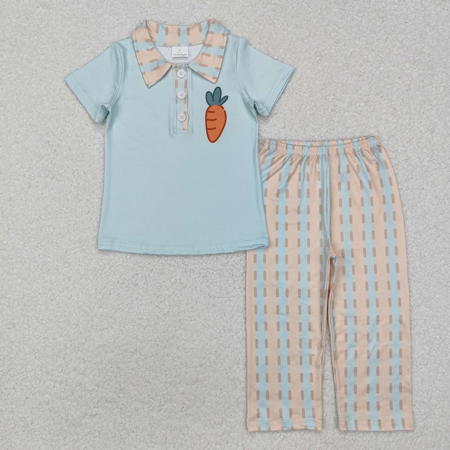 BSPO0528 Carrot Blue Polo Top Plaid Pants Boys Easter Clothes Set