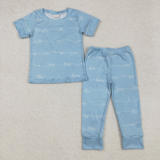 BSPO0529 Jesus Love Blue Print Boys Pajamas Clothes Set