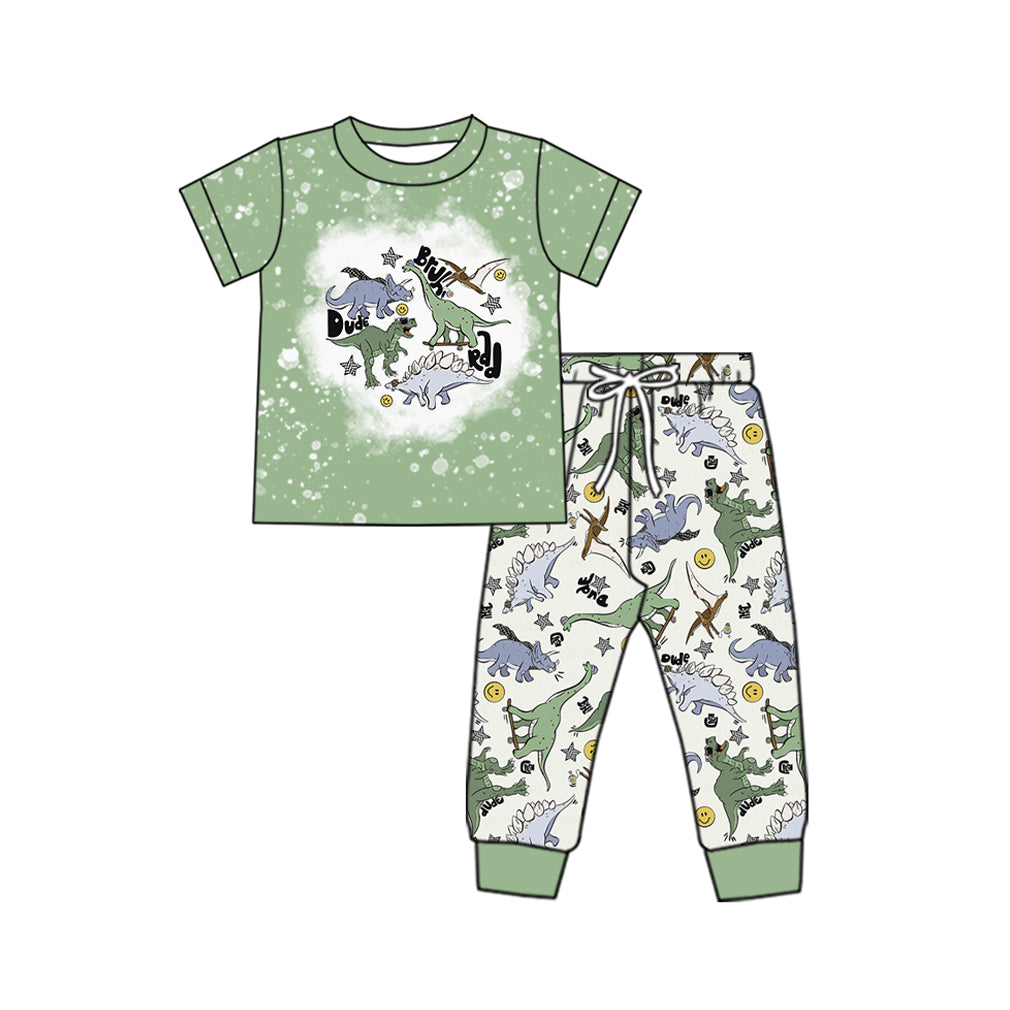 (Pre-order)BSPO0533 Dino Green Print Boys Clothes Set