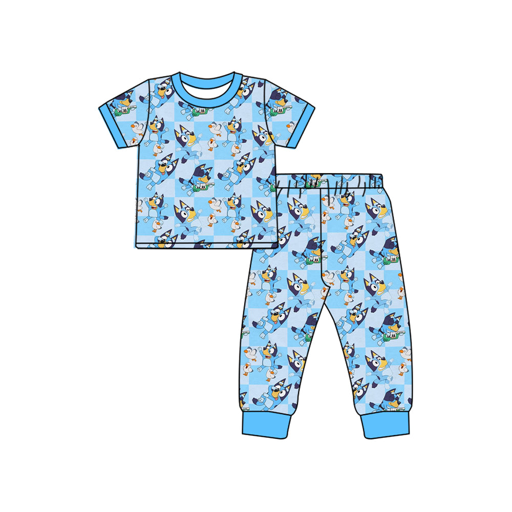 (Pre-order)BSPO0552 Cartoon Dog Blue Plaid Print Boys Pajamas Clothes Set